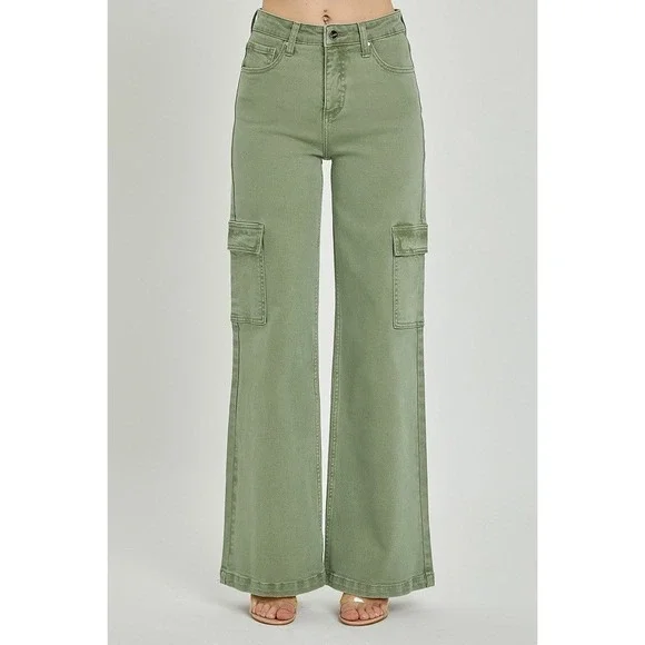 RISEN JEANS Women Size 11 Sage Green Wide Leg Cargo High Rise Distressed Hem - Picture 1 of 16